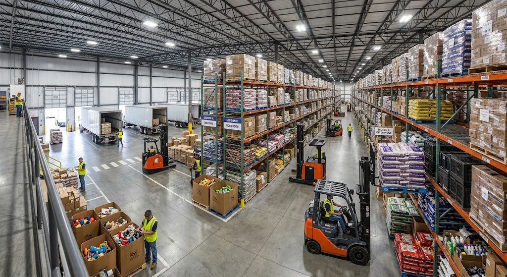 Pet products distribution warehouse with forklifts, pallet racking, and trucks loading at the dock
