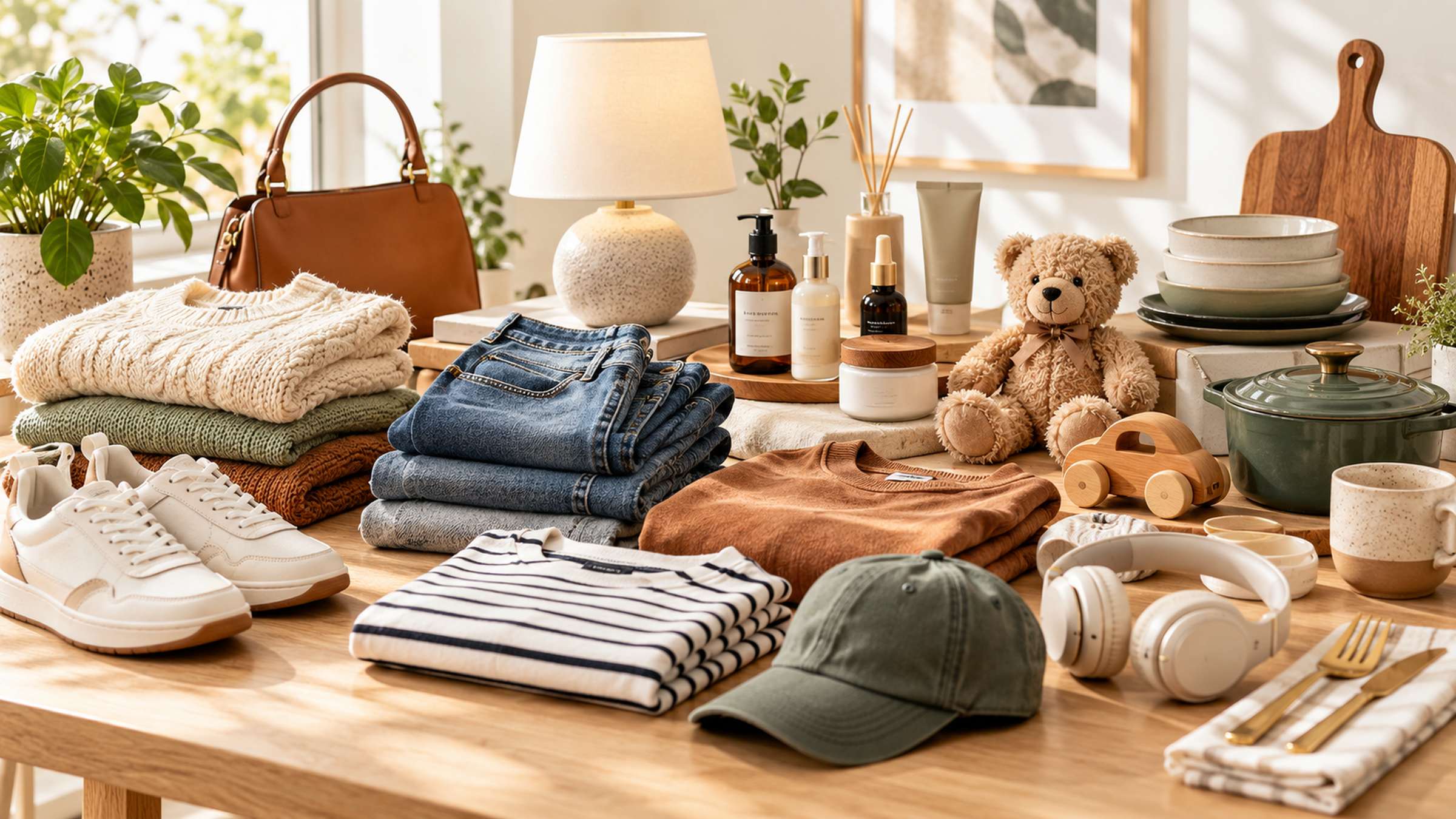 A wide spread of retail merchandise across apparel, home, beauty, toys and kitchen