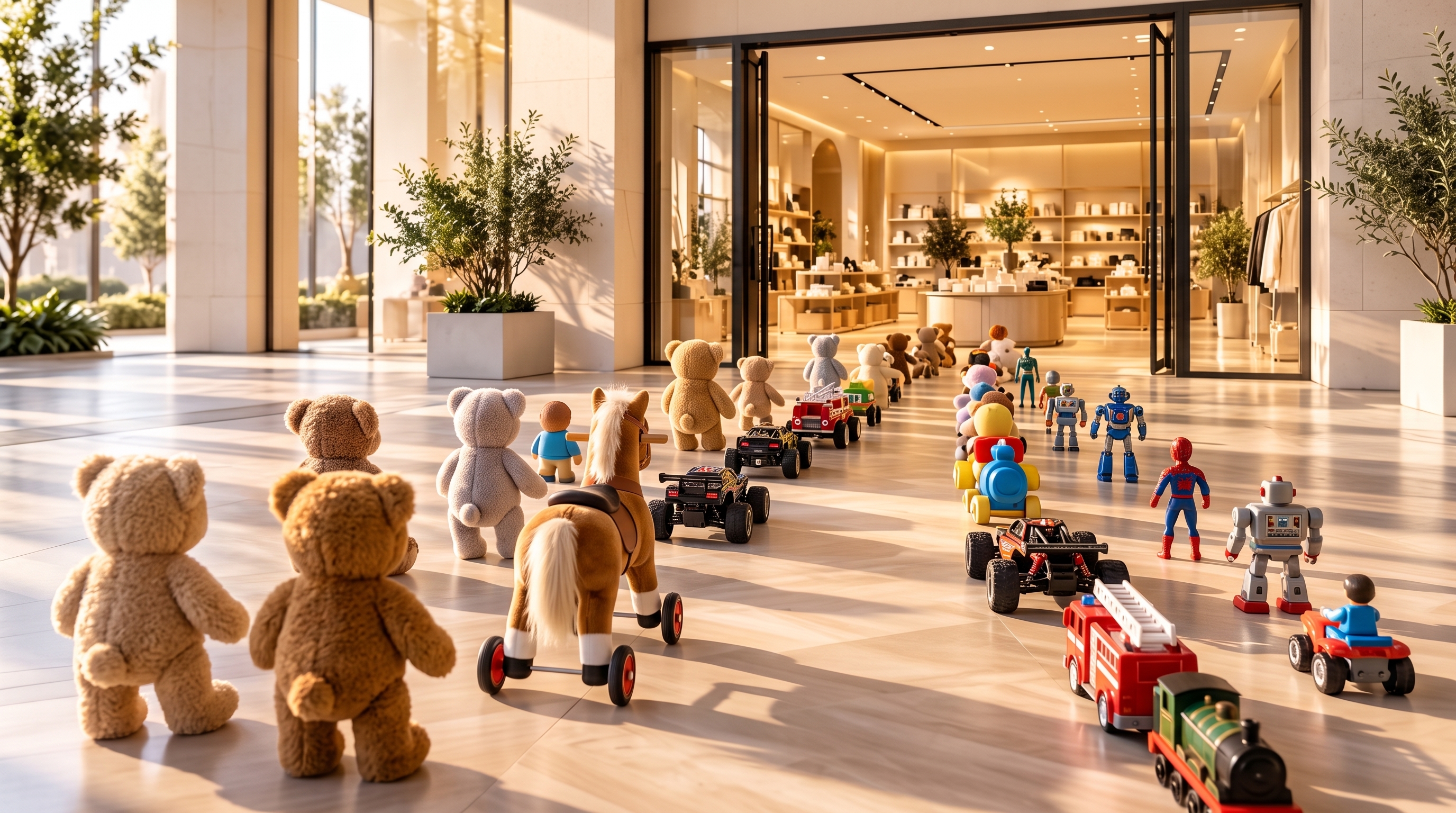 Toys parading into a sunlit storefront — products arriving ready to sell