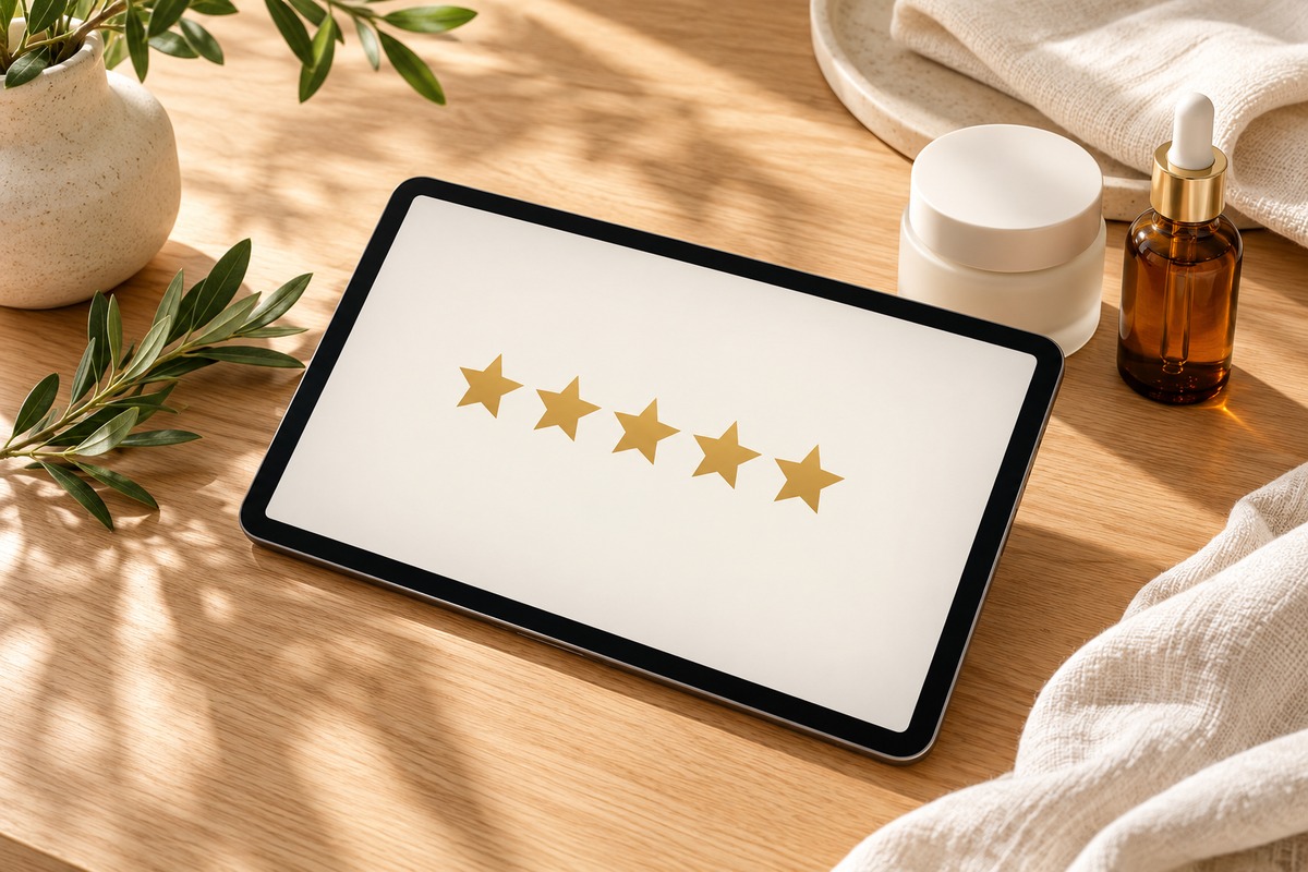 Tablet showing a five-star rating beside a product