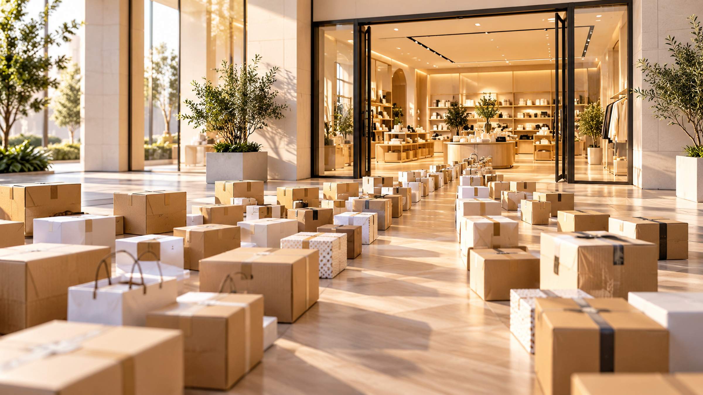 Many parcels converging toward one storefront