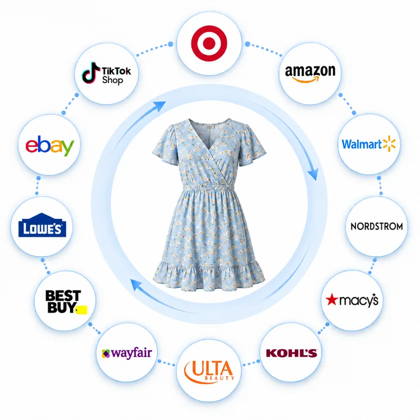 被 Target、Amazon、Walmart、Nordstrom、Macy’s 等平台标志环绕的商品