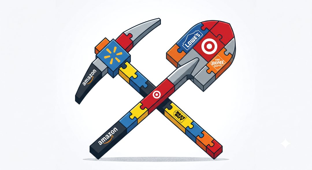 由 Amazon、Walmart、Target、Lowe's、The Home Depot 和 Best Buy 品牌拼图组成的镐与铲插画